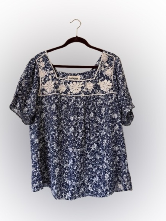 Savanna Jane Tops - Savanna Jane Blue White Floral Embroidered Boho Peasant Blouse 1X Cottagecore